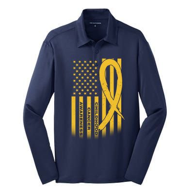 Childhood Cancer Awareness US Flag Silk Touch Performance Long Sleeve Polo