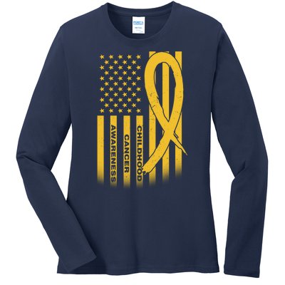 Childhood Cancer Awareness US Flag Ladies Long Sleeve Shirt