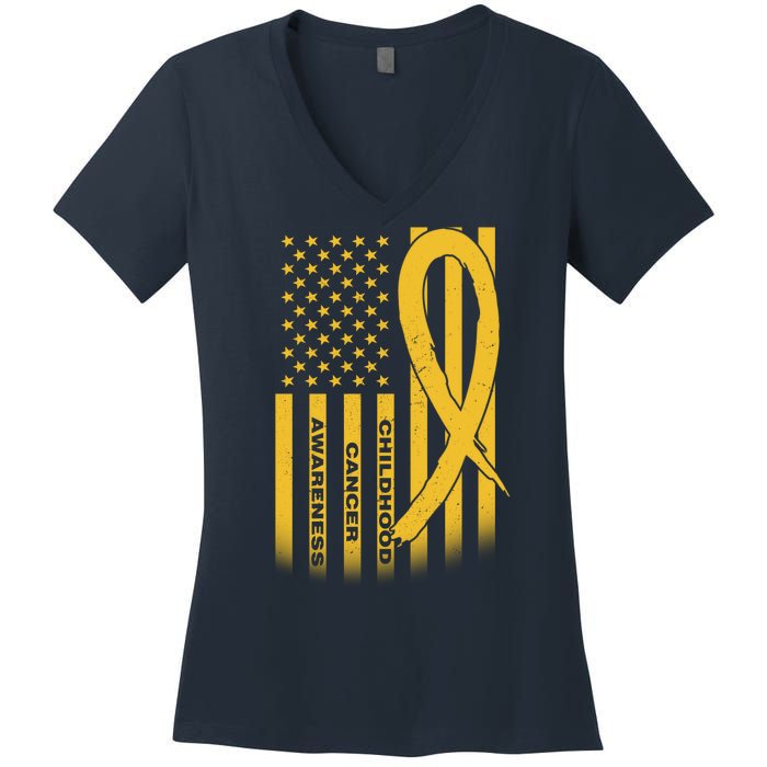 Childhood Cancer Awareness US Flag Women's V-Neck T-Shirt