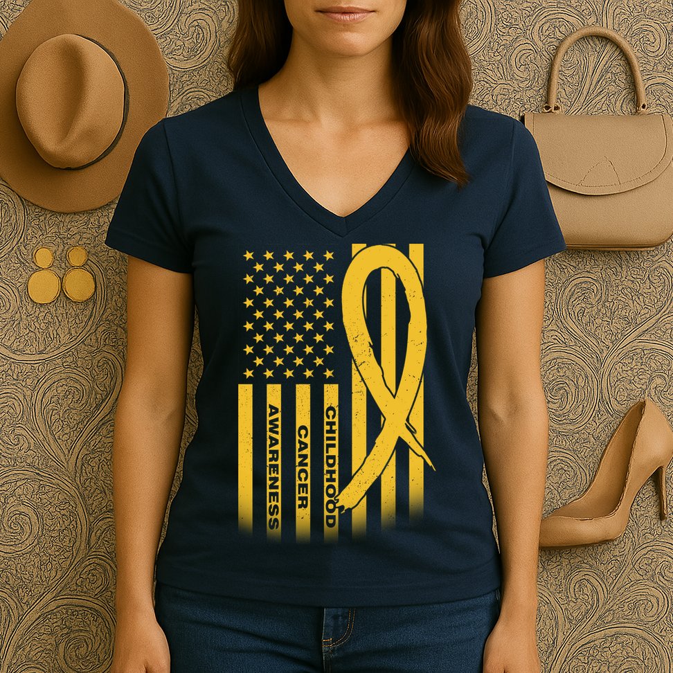 Childhood Cancer Awareness US Flag Women's V-Neck T-Shirt
