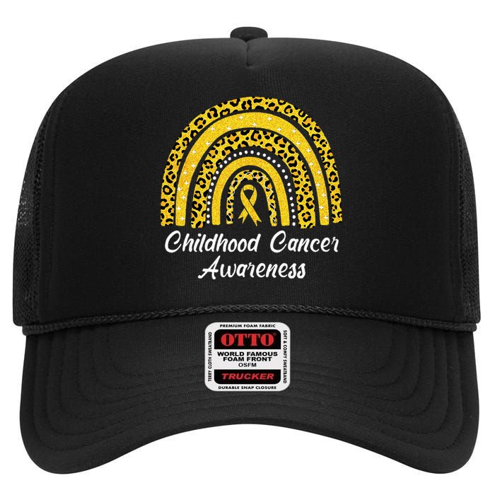 Childhood Cancer Awareness Rainbow Leopard Ribbon High Crown Mesh Back Trucker Hat