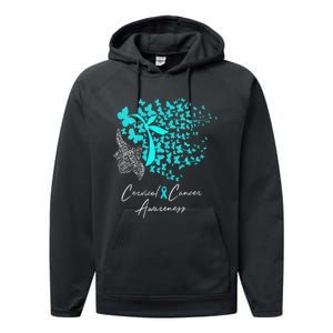 Cervical Cancer Awareness Teal Butterflies Performance Fleece Hoodie