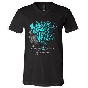 Cervical Cancer Awareness Teal Butterflies V-Neck T-Shirt