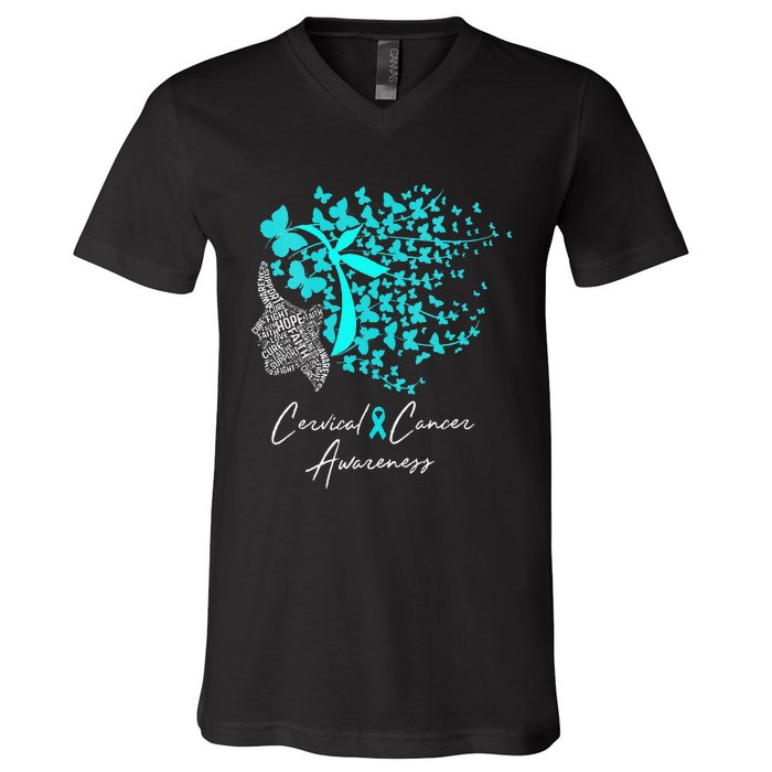 Cervical Cancer Awareness Teal Butterflies V-Neck T-Shirt