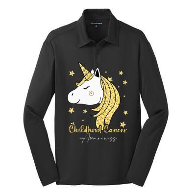 Childhood Cancer Awareness Unicorn Ribbon Twinkle Gold Silk Touch Performance Long Sleeve Polo