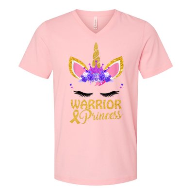 Childhood Cancer Awareness Unicorn Warrior Princess V-Neck T-Shirt