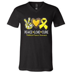 Childhood Cancer Awareness Love Cure Yellow Ribbon V-Neck T-Shirt