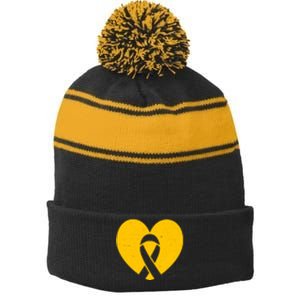 Childhood Cancer Awareness Heart Ribbon Pocket Stripe Pom Pom Beanie