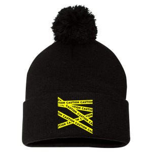 Caution Pom Pom 12in Knit Beanie