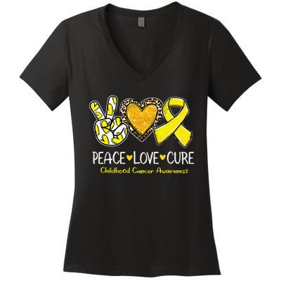 Childhood Cancer Awareness Love Cure Yellow Ribbon Gift Women's V-Neck T-Shirt