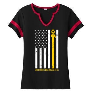 Childhood Cancer American Flag Yellow Thin Line Ladies Halftime Notch Neck Tee