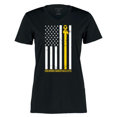 Childhood Cancer American Flag Yellow Thin Line Women's Momentum V-Neck T-Shirt