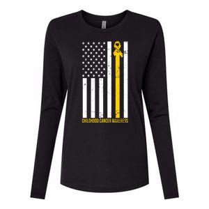 Childhood Cancer American Flag Yellow Thin Line Womens Cotton Relaxed Long Sleeve T-Shirt