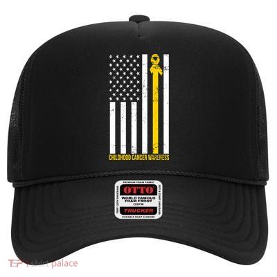 Childhood Cancer American Flag Yellow Thin Line High Crown Mesh Back Trucker Hat