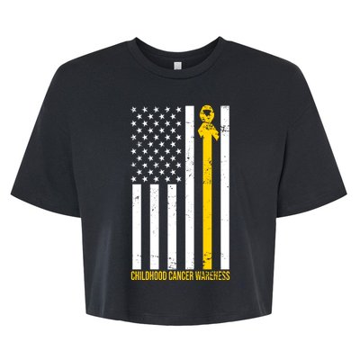 Childhood Cancer American Flag Yellow Thin Line Bella+Canvas Jersey Crop Tee