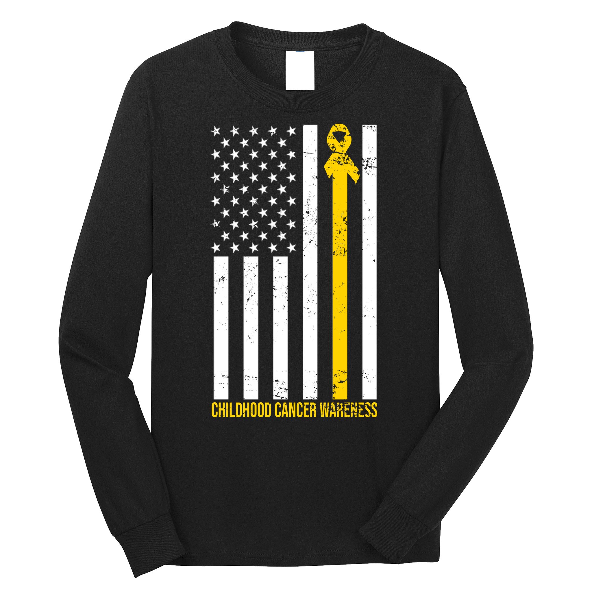 Childhood Cancer American Flag Yellow Thin Line Long Sleeve Shirt