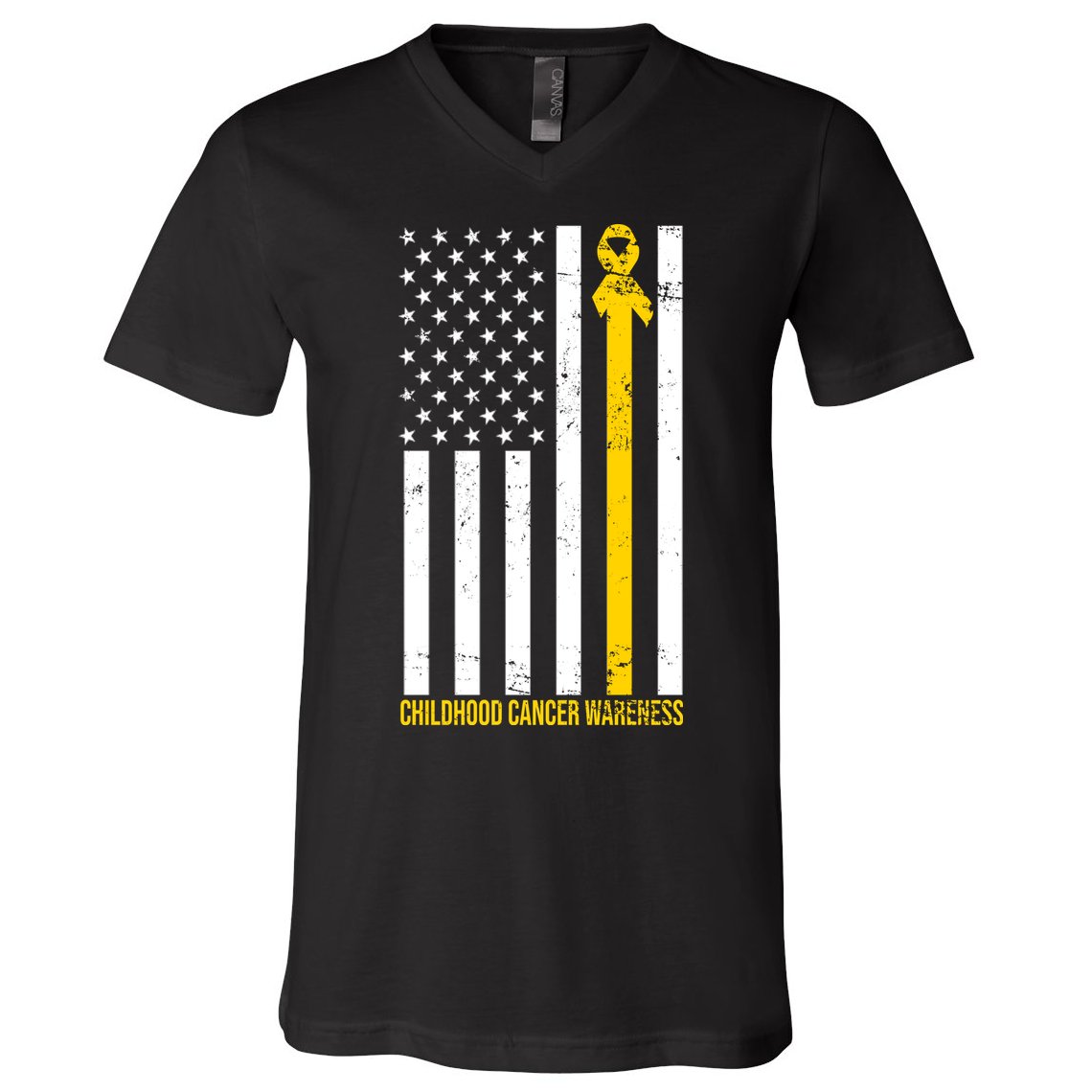 Childhood Cancer American Flag Yellow Thin Line V-Neck T-Shirt