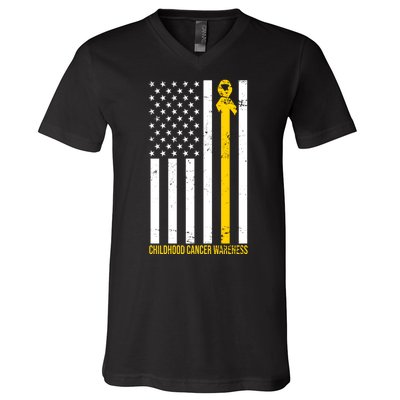 Childhood Cancer American Flag Yellow Thin Line V-Neck T-Shirt