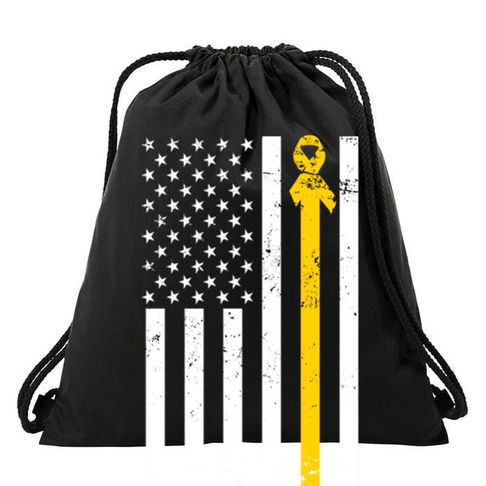 Childhood Cancer American Flag Yellow Thin Line Drawstring Bag