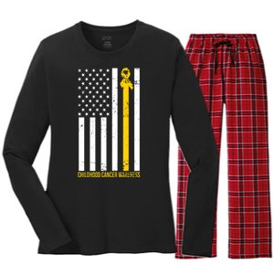 Childhood Cancer American Flag Yellow Thin Line Women's Long Sleeve Flannel Pajama Set 