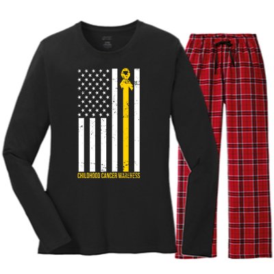 Childhood Cancer American Flag Yellow Thin Line Women's Long Sleeve Flannel Pajama Set 