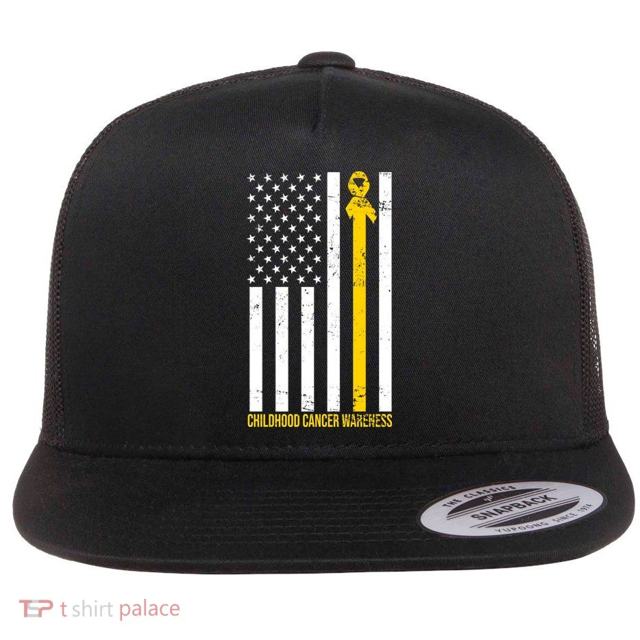 Childhood Cancer American Flag Yellow Thin Line Flat Bill Trucker Hat
