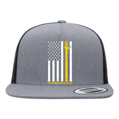 Childhood Cancer American Flag Yellow Thin Line Flat Bill Trucker Hat