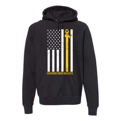 Childhood Cancer American Flag Yellow Thin Line Premium Hoodie