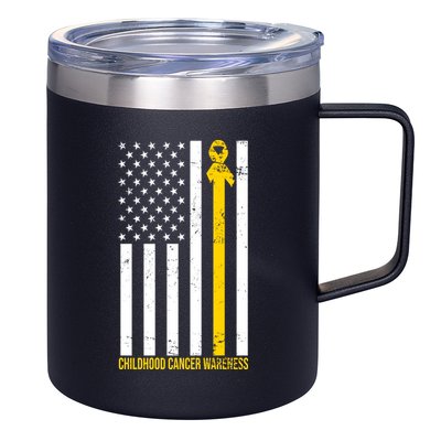Childhood Cancer American Flag Yellow Thin Line 12oz Stainless Steel Coffee Mug