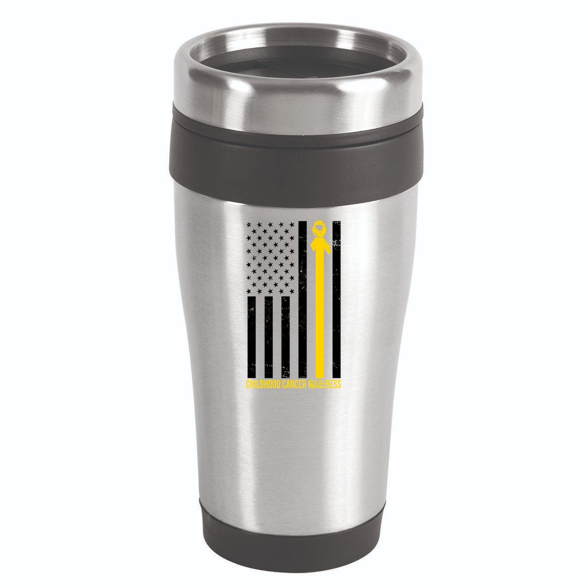 Childhood Cancer American Flag Yellow Thin Line 16oz Travel Tumbler
