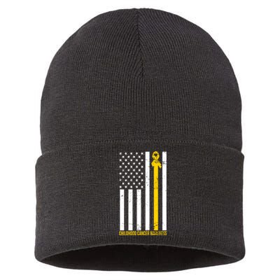 Childhood Cancer American Flag Yellow Thin Line Sustainable Knit Beanie