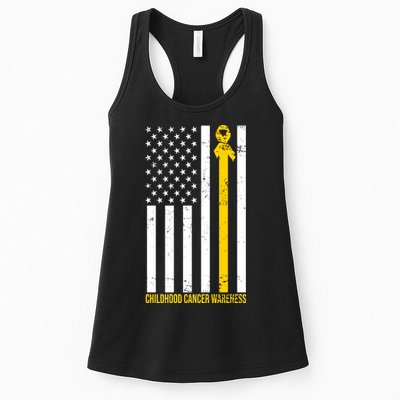Childhood Cancer American Flag Yellow Thin Line Womens Tank Top