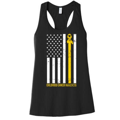 Childhood Cancer American Flag Yellow Thin Line Women's Racerback Tank