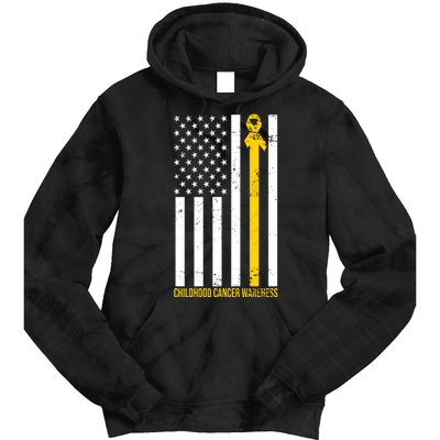 Childhood Cancer American Flag Yellow Thin Line Tie Dye Hoodie