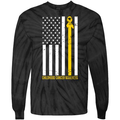 Childhood Cancer American Flag Yellow Thin Line Tie-Dye Long Sleeve Shirt