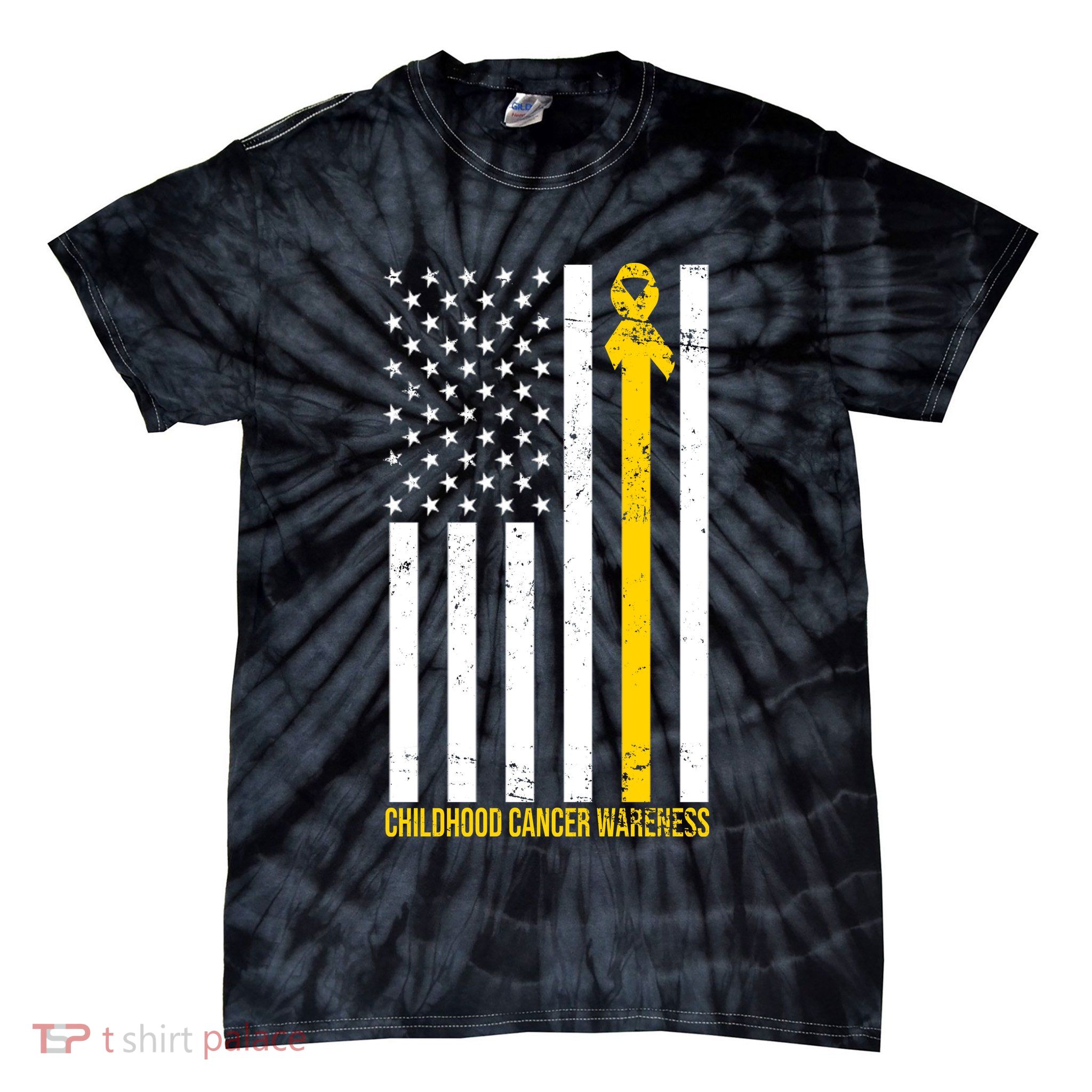 Childhood Cancer American Flag Yellow Thin Line Tie-Dye T-Shirt