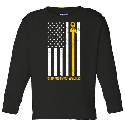 Childhood Cancer American Flag Yellow Thin Line Toddler Long Sleeve Shirt