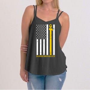 Childhood Cancer American Flag Yellow Thin Line Women's Strappy Tank