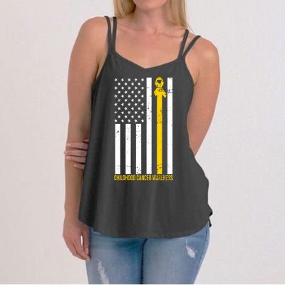 Childhood Cancer American Flag Yellow Thin Line Women's Strappy Tank