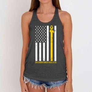 Childhood Cancer American Flag Yellow Thin Line Women's Knotted Racerback Tank