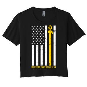 Childhood Cancer American Flag Yellow Thin Line Women's Crop Top Tee