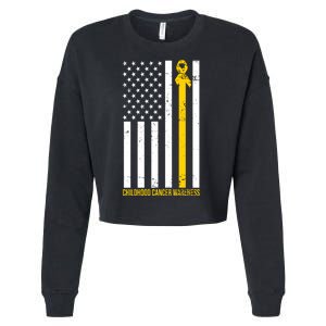 Childhood Cancer American Flag Yellow Thin Line Cropped Pullover Crew