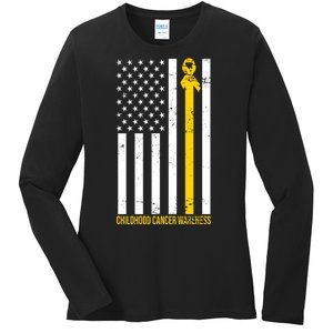 Childhood Cancer American Flag Yellow Thin Line Ladies Long Sleeve Shirt