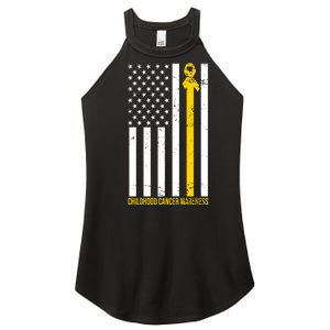 Childhood Cancer American Flag Yellow Thin Line Women's Perfect Tri Rocker Tank