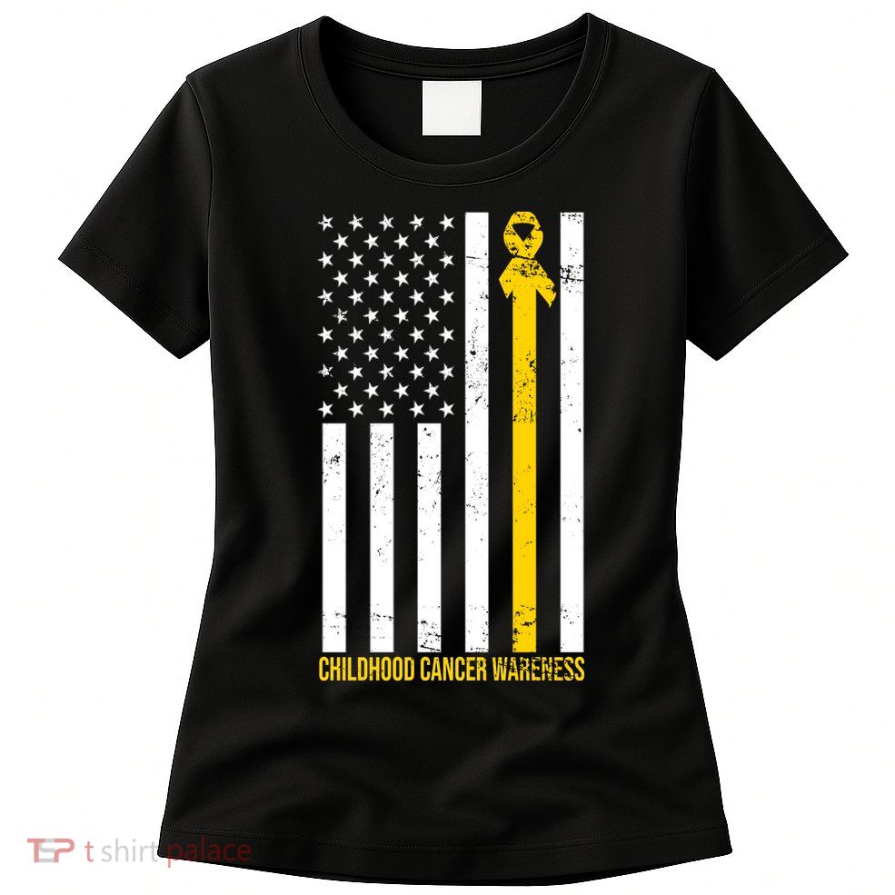 Childhood Cancer American Flag Yellow Thin Line Women's T-Shirt