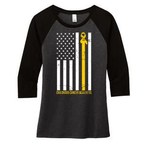 Childhood Cancer American Flag Yellow Thin Line Women's Tri-Blend 3/4-Sleeve Raglan Shirt