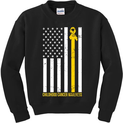 Childhood Cancer American Flag Yellow Thin Line Kids Sweatshirt