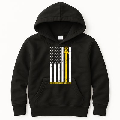 Childhood Cancer American Flag Yellow Thin Line Kids Hoodie