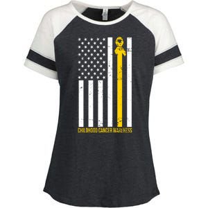 Childhood Cancer American Flag Yellow Thin Line Enza Ladies Jersey Colorblock Tee