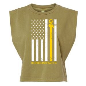 Childhood Cancer American Flag Yellow Thin Line Garment-Dyed Women's Muscle Tee